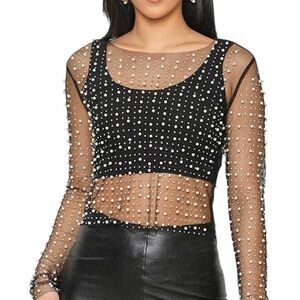 Endless Blu Bloomingdales Lucinda Mesh Embellished Pearl Crop Top party sexy